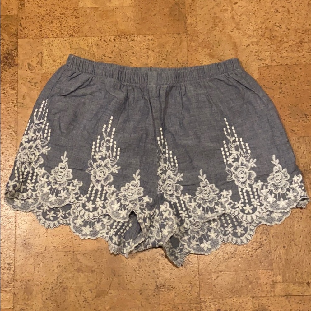 Mock denim embroidered shorts
